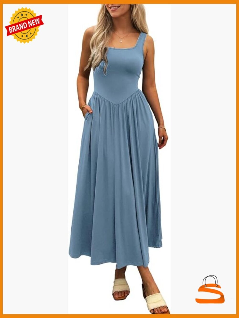 Sleeveless Square Neck Maxi Dress with Pockets Flowy Patchwork Knit